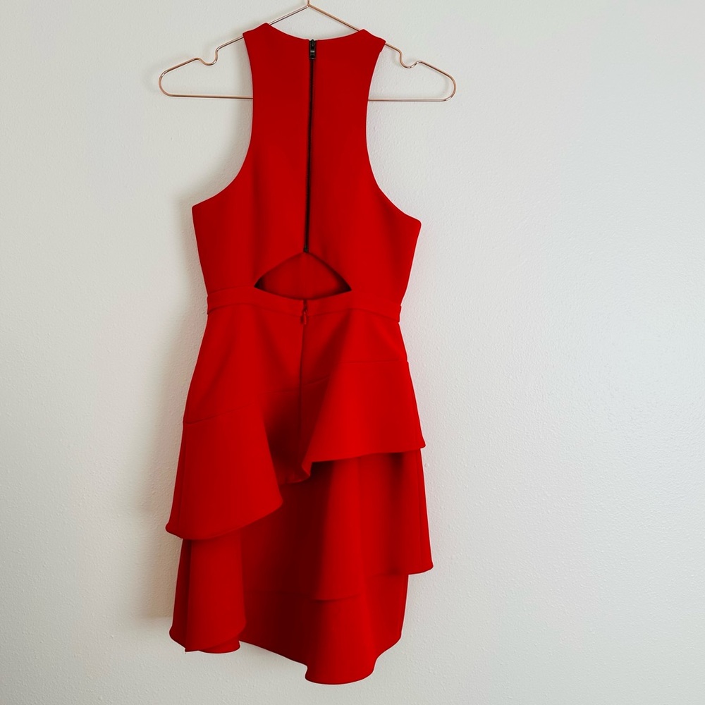 BCBG Max Azria Red Tiered Ruffle Cut-Out Keyhole Sleeveless Mini Halter Dress - Picture 8 of 10